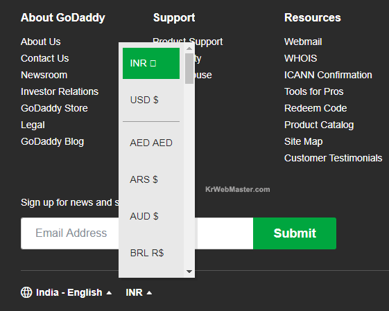 Select currency option from Godaddy drop down menu 